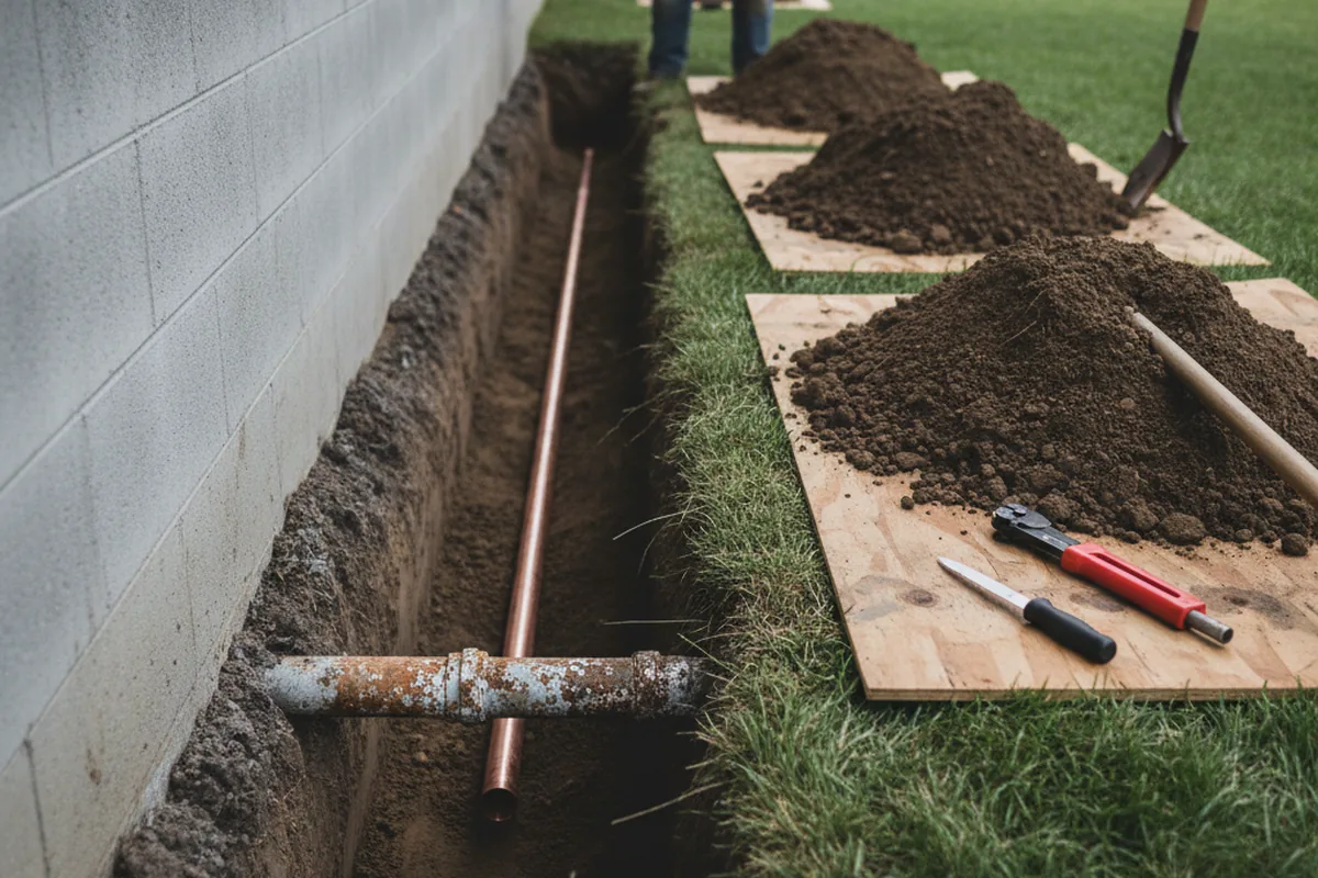 Excavated water line trench during Water Softener Installation in Nottingham
